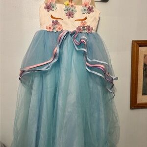 Unicorn Princess Gown Floral Embellished Blue Girls Dress